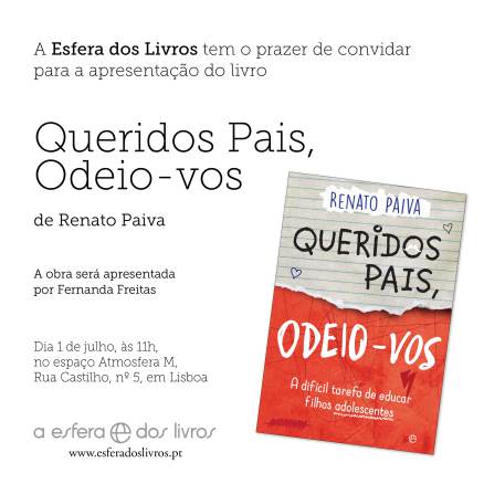 Convite para lançamento “Queridos Pais, odeio-vos”